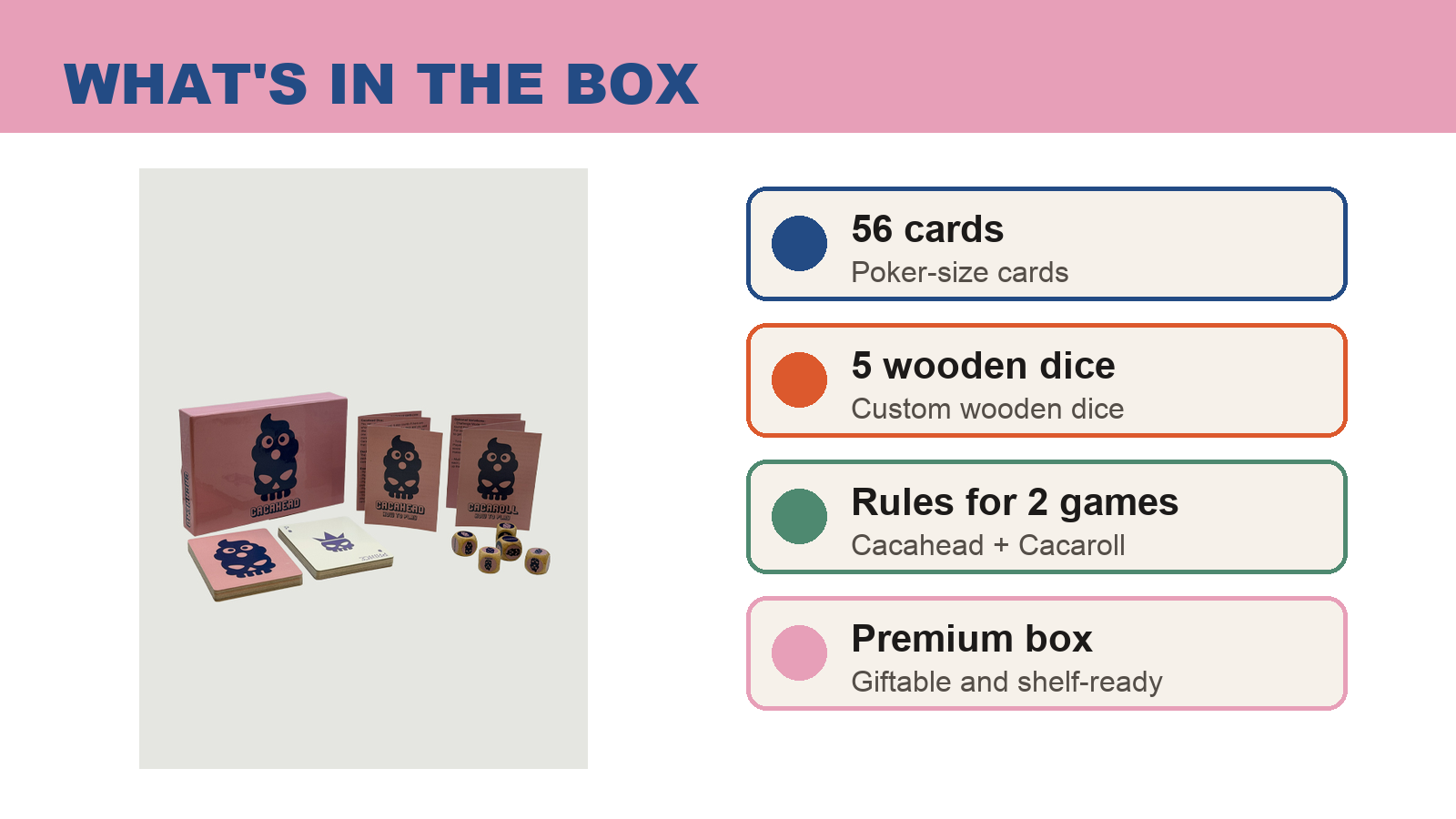 Cacahead cards, rules, box, and wooden dice